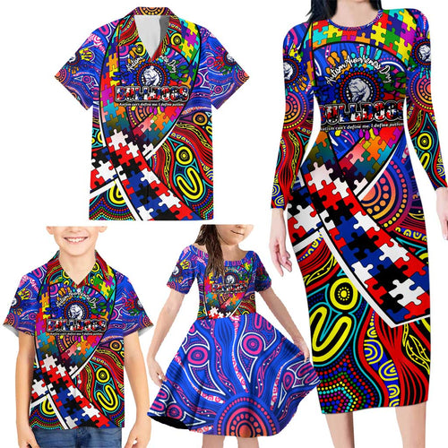 Autism Awareness Australia Western Bulldogs Family Matching Long Sleeve Bodycon Dress and Hawaiian Shirt Aboriginal Indigenous Art