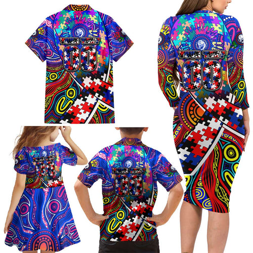 Autism Awareness Australia Western Bulldogs Family Matching Long Sleeve Bodycon Dress and Hawaiian Shirt Aboriginal Indigenous Art