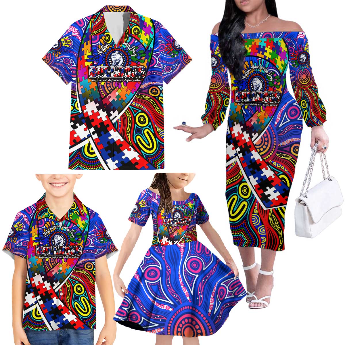 Autism Awareness Australia Western Bulldogs Family Matching Off The Shoulder Long Sleeve Dress and Hawaiian Shirt Aboriginal Indigenous Art
