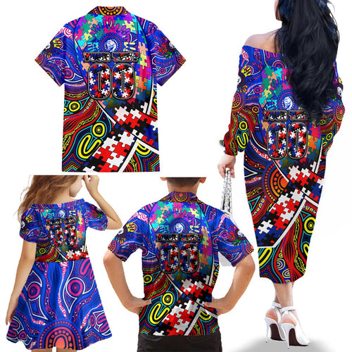 Autism Awareness Australia Western Bulldogs Family Matching Off The Shoulder Long Sleeve Dress and Hawaiian Shirt Aboriginal Indigenous Art