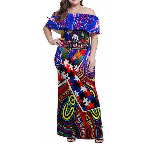 Autism Awareness Australia Western Bulldogs Family Matching Off Shoulder Maxi Dress and Hawaiian Shirt Aboriginal Indigenous Art
