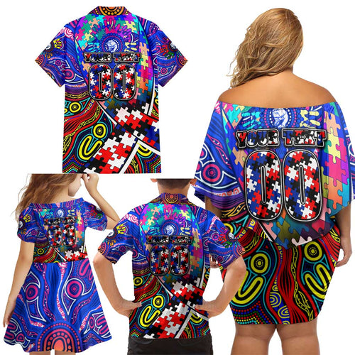 Autism Awareness Australia Western Bulldogs Family Matching Off Shoulder Short Dress and Hawaiian Shirt Aboriginal Indigenous Art