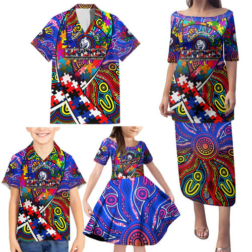 Autism Awareness Australia Western Bulldogs Family Matching Puletasi and Hawaiian Shirt Aboriginal Indigenous Art