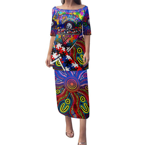 Autism Awareness Australia Western Bulldogs Family Matching Puletasi and Hawaiian Shirt Aboriginal Indigenous Art