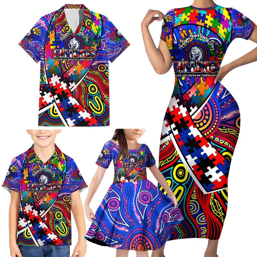 Autism Awareness Australia Western Bulldogs Family Matching Short Sleeve Bodycon Dress and Hawaiian Shirt Aboriginal Indigenous Art