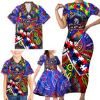 Autism Awareness Australia Western Bulldogs Family Matching Short Sleeve Bodycon Dress and Hawaiian Shirt Aboriginal Indigenous Art