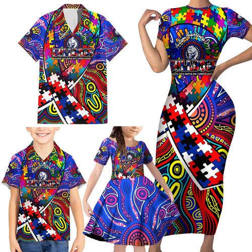 Autism Awareness Australia Western Bulldogs Family Matching Short Sleeve Bodycon Dress and Hawaiian Shirt Aboriginal Indigenous Art