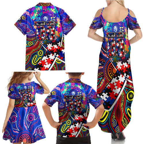 Autism Awareness Australia Western Bulldogs Family Matching Summer Maxi Dress and Hawaiian Shirt Aboriginal Indigenous Art
