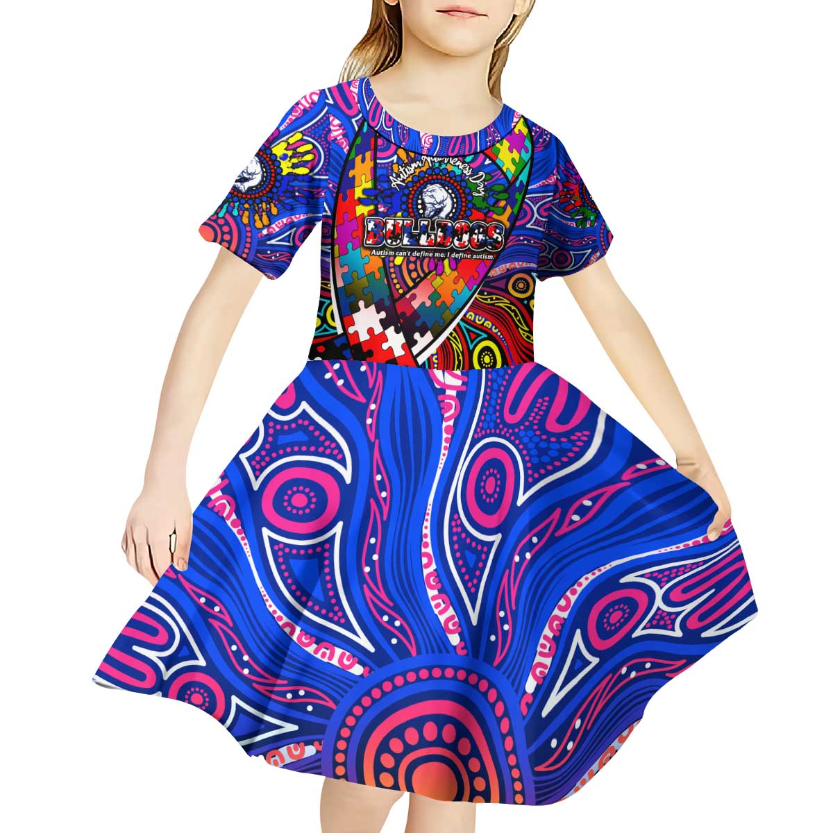 Autism Awareness Australia Western Bulldogs Kid Short Sleeve Dress Aboriginal Indigenous Art