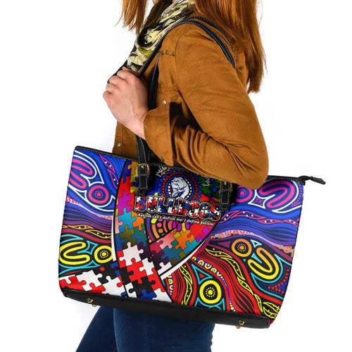 Autism Awareness Australia Western Bulldogs Leather Tote Bag Aboriginal Indigenous Art