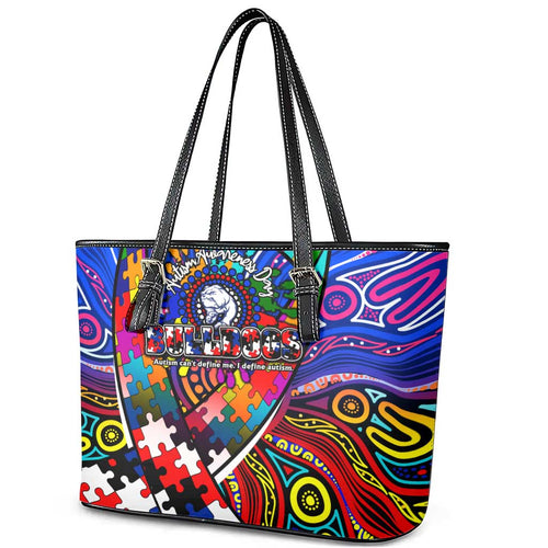 Autism Awareness Australia Western Bulldogs Leather Tote Bag Aboriginal Indigenous Art