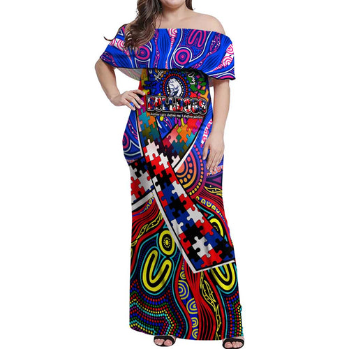 Autism Awareness Australia Western Bulldogs Off Shoulder Maxi Dress Aboriginal Indigenous Art