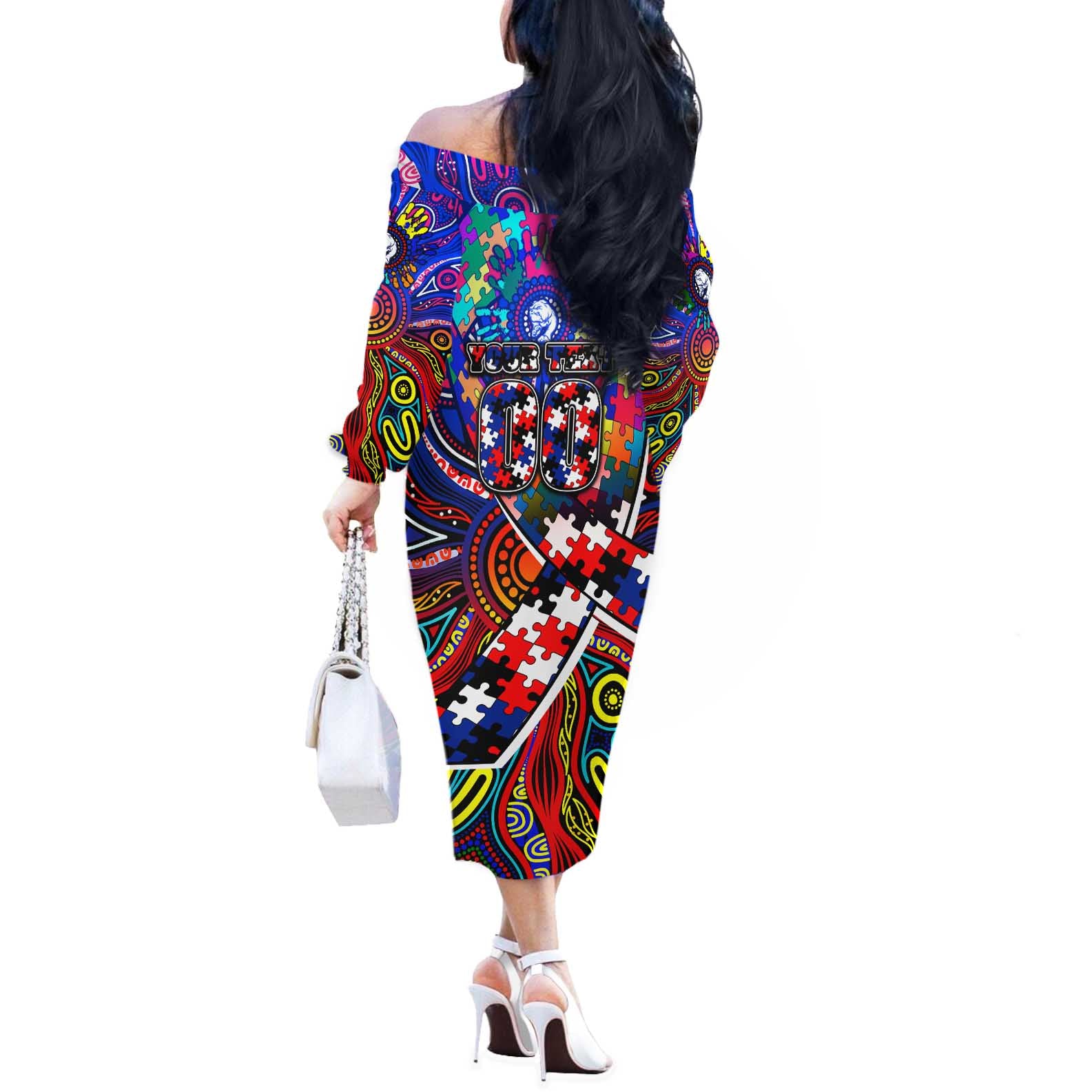 Autism Awareness Australia Western Bulldogs Off The Shoulder Long Sleeve Dress Aboriginal Indigenous Art