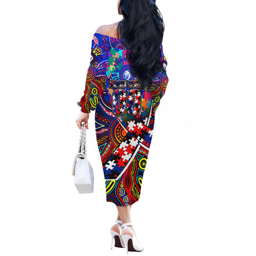 Autism Awareness Australia Western Bulldogs Off The Shoulder Long Sleeve Dress Aboriginal Indigenous Art