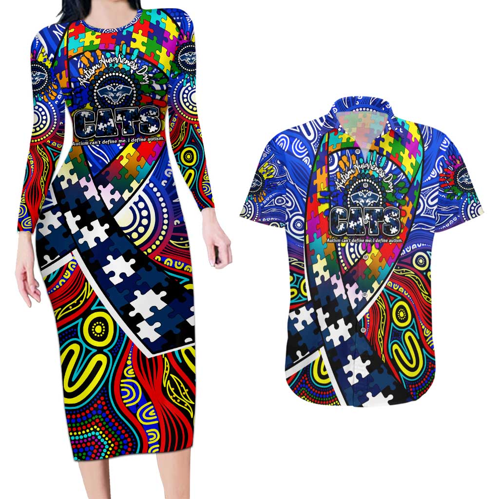 Autism Awareness Australia Geelong Cats Couples Matching Long Sleeve Bodycon Dress and Hawaiian Shirt Aboriginal Indigenous Art