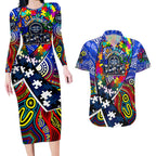Autism Awareness Australia Geelong Cats Couples Matching Long Sleeve Bodycon Dress and Hawaiian Shirt Aboriginal Indigenous Art
