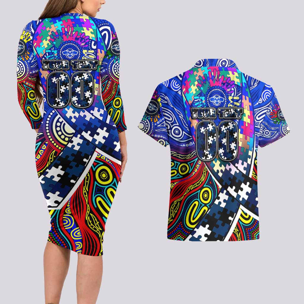 Autism Awareness Australia Geelong Cats Couples Matching Long Sleeve Bodycon Dress and Hawaiian Shirt Aboriginal Indigenous Art