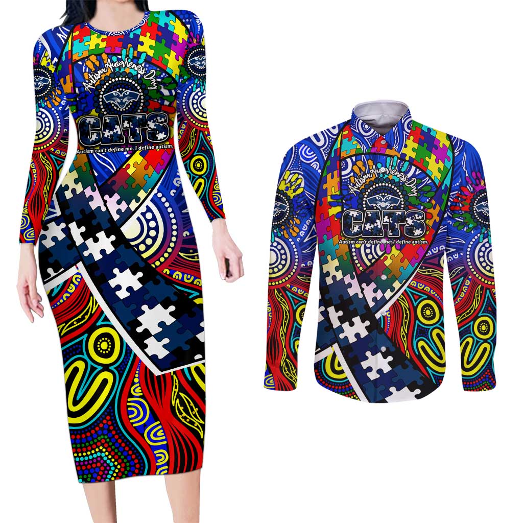 Autism Awareness Australia Geelong Cats Couples Matching Long Sleeve Bodycon Dress and Long Sleeve Button Shirt Aboriginal Indigenous Art