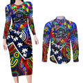 Autism Awareness Australia Geelong Cats Couples Matching Long Sleeve Bodycon Dress and Long Sleeve Button Shirt Aboriginal Indigenous Art