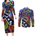 Autism Awareness Australia Geelong Cats Couples Matching Long Sleeve Bodycon Dress and Long Sleeve Button Shirt Aboriginal Indigenous Art