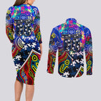 Autism Awareness Australia Geelong Cats Couples Matching Long Sleeve Bodycon Dress and Long Sleeve Button Shirt Aboriginal Indigenous Art