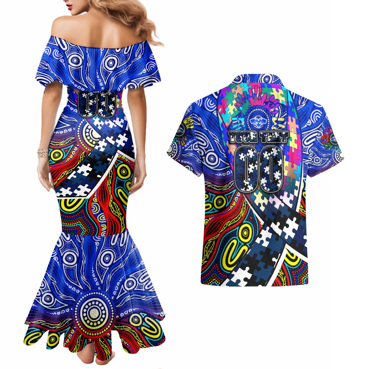 Autism Awareness Australia Geelong Cats Couples Matching Mermaid Dress and Hawaiian Shirt Aboriginal Indigenous Art