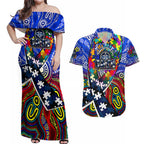 Autism Awareness Australia Geelong Cats Couples Matching Off Shoulder Maxi Dress and Hawaiian Shirt Aboriginal Indigenous Art