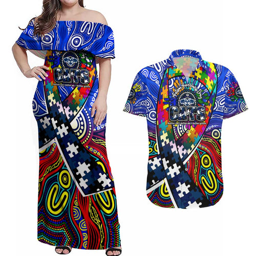 Autism Awareness Australia Geelong Cats Couples Matching Off Shoulder Maxi Dress and Hawaiian Shirt Aboriginal Indigenous Art