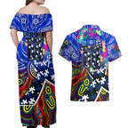 Autism Awareness Australia Geelong Cats Couples Matching Off Shoulder Maxi Dress and Hawaiian Shirt Aboriginal Indigenous Art