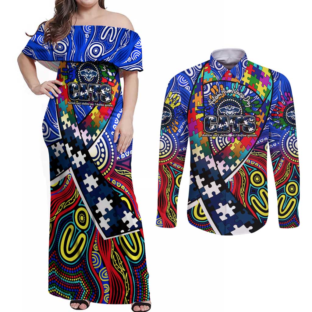 Autism Awareness Australia Geelong Cats Couples Matching Off Shoulder Maxi Dress and Long Sleeve Button Shirt Aboriginal Indigenous Art