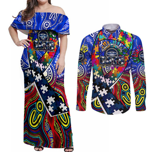 Autism Awareness Australia Geelong Cats Couples Matching Off Shoulder Maxi Dress and Long Sleeve Button Shirt Aboriginal Indigenous Art