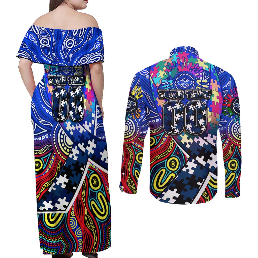 Autism Awareness Australia Geelong Cats Couples Matching Off Shoulder Maxi Dress and Long Sleeve Button Shirt Aboriginal Indigenous Art
