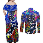 Autism Awareness Australia Geelong Cats Couples Matching Off Shoulder Maxi Dress and Long Sleeve Button Shirt Aboriginal Indigenous Art
