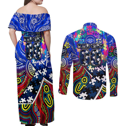 Autism Awareness Australia Geelong Cats Couples Matching Off Shoulder Maxi Dress and Long Sleeve Button Shirt Aboriginal Indigenous Art