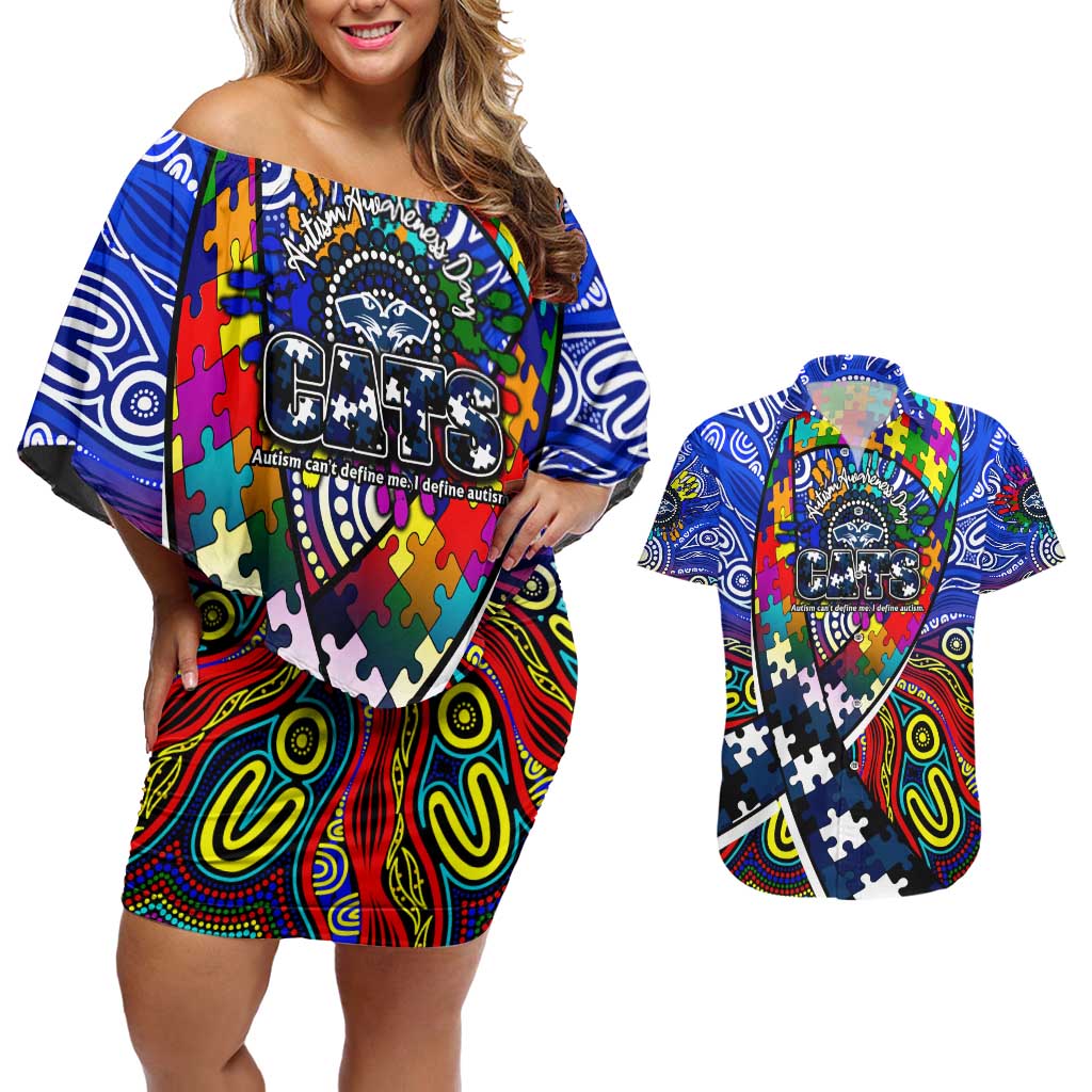 Autism Awareness Australia Geelong Cats Couples Matching Off Shoulder Short Dress and Hawaiian Shirt Aboriginal Indigenous Art