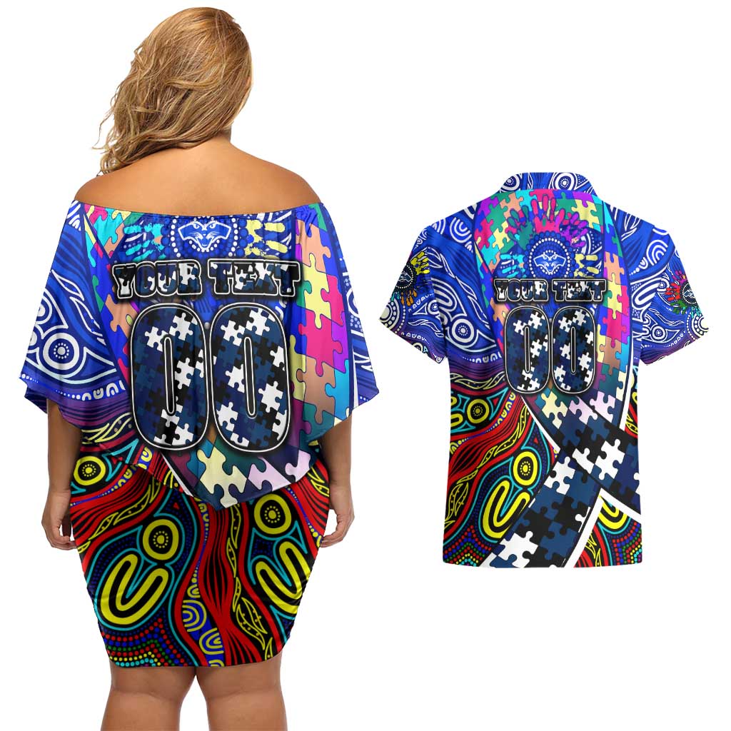 Autism Awareness Australia Geelong Cats Couples Matching Off Shoulder Short Dress and Hawaiian Shirt Aboriginal Indigenous Art