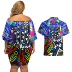 Autism Awareness Australia Geelong Cats Couples Matching Off Shoulder Short Dress and Hawaiian Shirt Aboriginal Indigenous Art