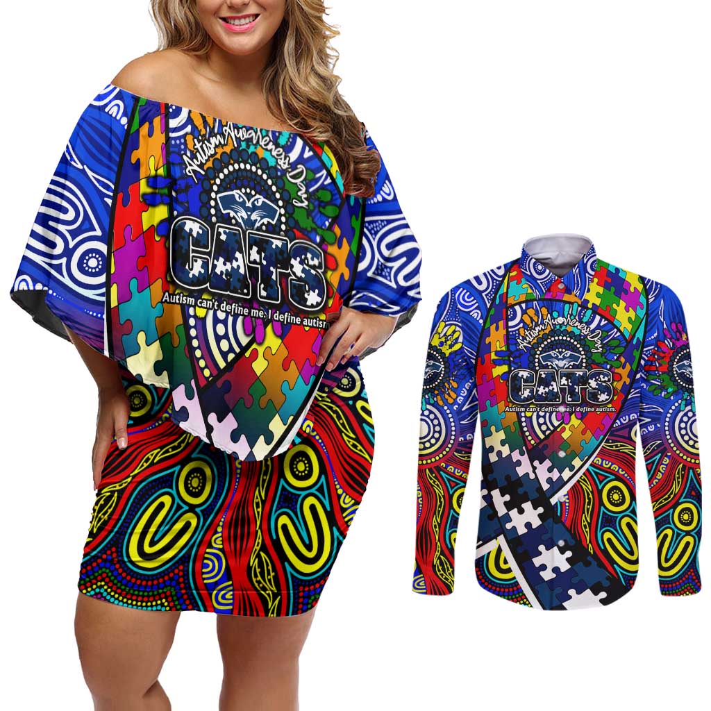 Autism Awareness Australia Geelong Cats Couples Matching Off Shoulder Short Dress and Long Sleeve Button Shirt Aboriginal Indigenous Art