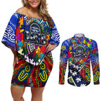 Autism Awareness Australia Geelong Cats Couples Matching Off Shoulder Short Dress and Long Sleeve Button Shirt Aboriginal Indigenous Art