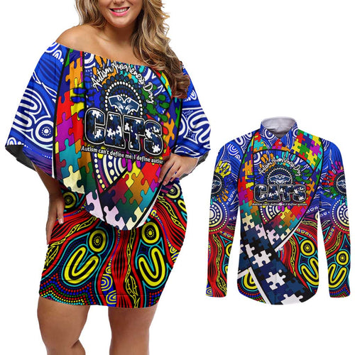 Autism Awareness Australia Geelong Cats Couples Matching Off Shoulder Short Dress and Long Sleeve Button Shirt Aboriginal Indigenous Art