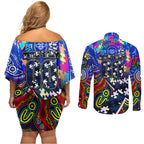 Autism Awareness Australia Geelong Cats Couples Matching Off Shoulder Short Dress and Long Sleeve Button Shirt Aboriginal Indigenous Art