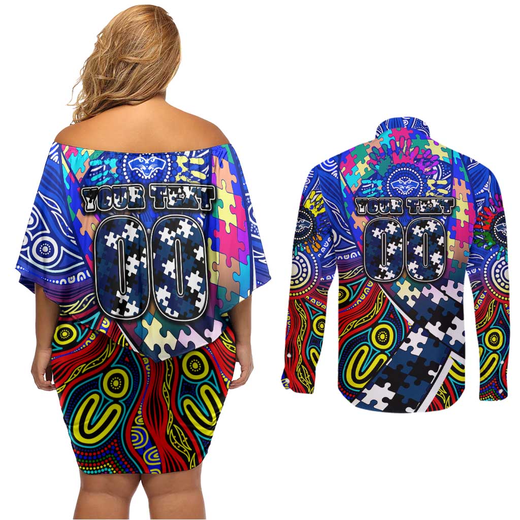 Autism Awareness Australia Geelong Cats Couples Matching Off Shoulder Short Dress and Long Sleeve Button Shirt Aboriginal Indigenous Art