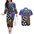 Autism Awareness Australia Geelong Cats Couples Matching Off The Shoulder Long Sleeve Dress and Hawaiian Shirt Aboriginal Indigenous Art