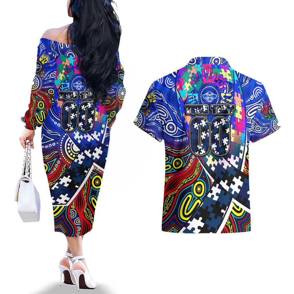 Autism Awareness Australia Geelong Cats Couples Matching Off The Shoulder Long Sleeve Dress and Hawaiian Shirt Aboriginal Indigenous Art