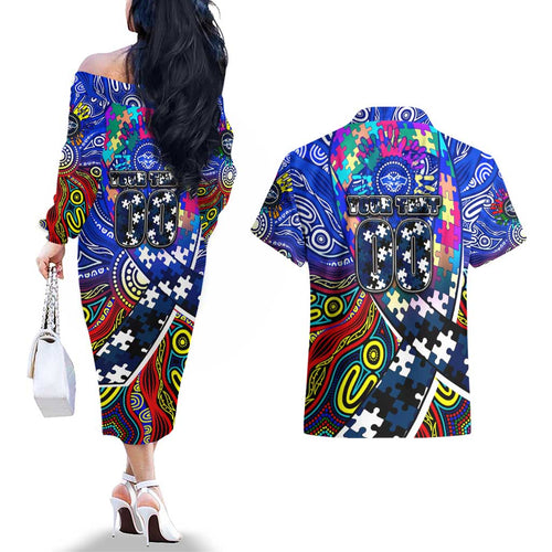 Autism Awareness Australia Geelong Cats Couples Matching Off The Shoulder Long Sleeve Dress and Hawaiian Shirt Aboriginal Indigenous Art