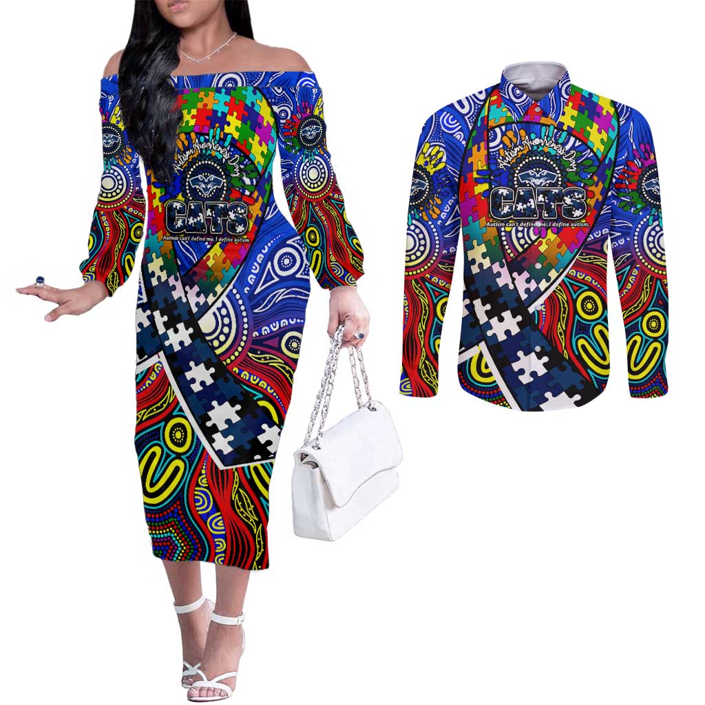 Autism Awareness Australia Geelong Cats Couples Matching Off The Shoulder Long Sleeve Dress and Long Sleeve Button Shirt Aboriginal Indigenous Art