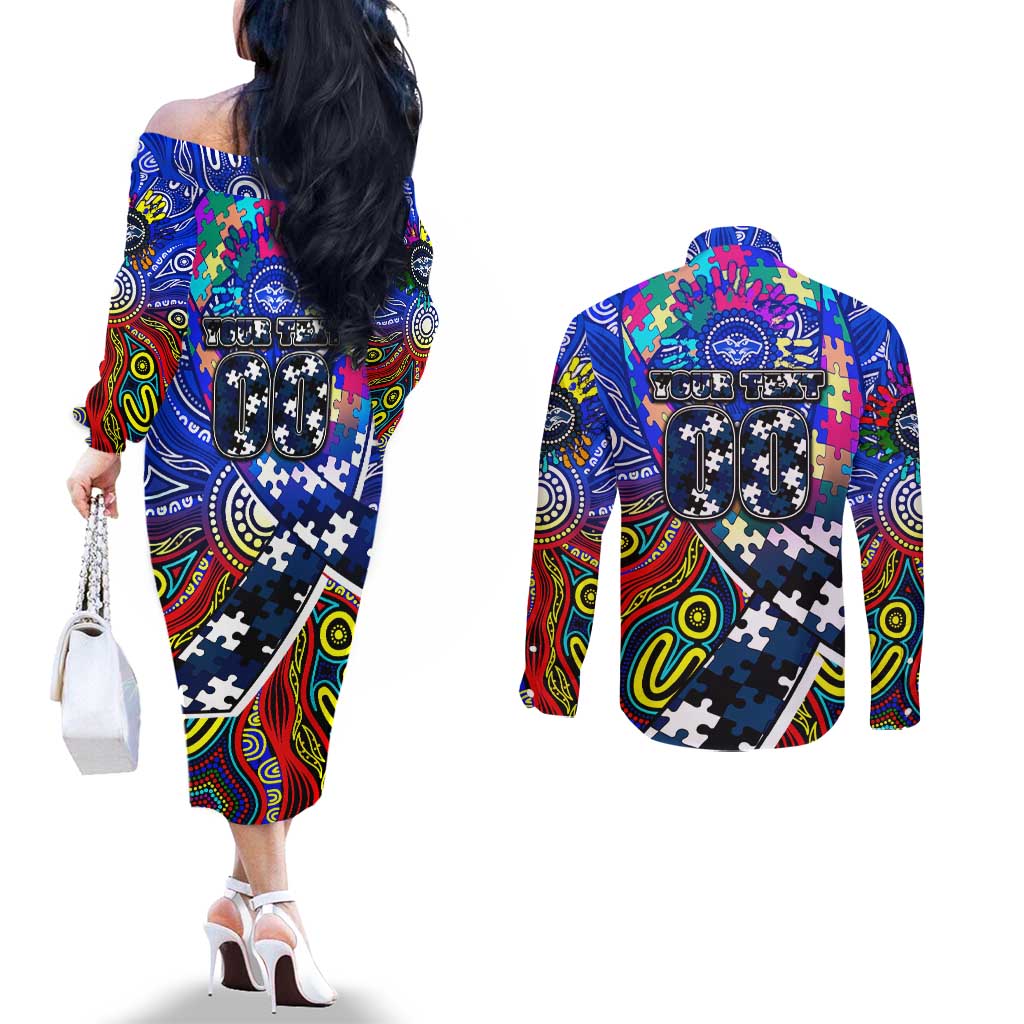 Autism Awareness Australia Geelong Cats Couples Matching Off The Shoulder Long Sleeve Dress and Long Sleeve Button Shirt Aboriginal Indigenous Art