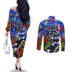 Autism Awareness Australia Geelong Cats Couples Matching Off The Shoulder Long Sleeve Dress and Long Sleeve Button Shirt Aboriginal Indigenous Art