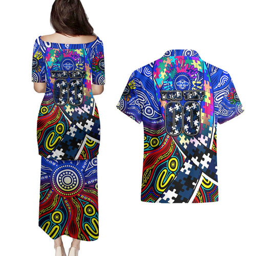 Autism Awareness Australia Geelong Cats Couples Matching Puletasi and Hawaiian Shirt Aboriginal Indigenous Art