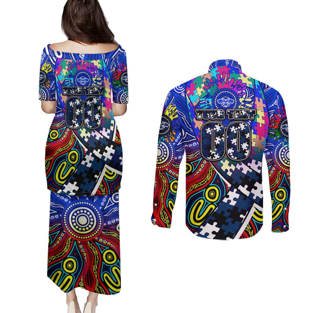 Autism Awareness Australia Geelong Cats Couples Matching Puletasi and Long Sleeve Button Shirt Aboriginal Indigenous Art